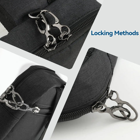 Locking methods on Anti Theft Crossbody Sling Bag With Lockable Zipper And RFID Blocking Pocket shown in black fabric