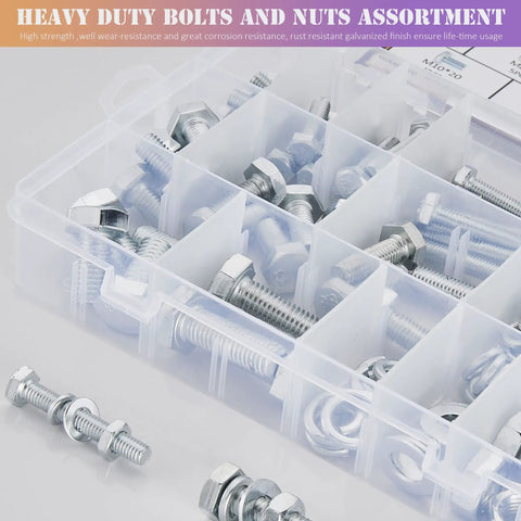 All In One Heavy Duty M6 M8 M10 Nuts Bolts Set With Washers Nine Most Common Sizes 188 Piece Hex Machine Screws Zinc Alloy Steel Grade Eight Eight Bulk Hardware Kit For Home Garage And Do It Yourself Projects in clear case