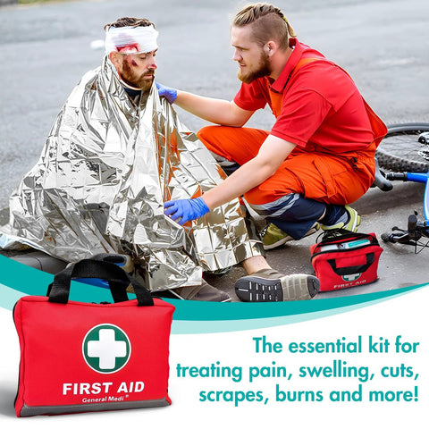 General Medi red first aid kit bag with white cross; reflective emergency blanket covering an injured person.