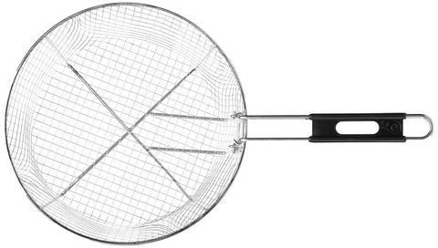 Top view of Deep Fry Basket 11 Point 5 Inch Diameter With Folding Handle In Nickel Plated Steel, designed for Dutch ovens.