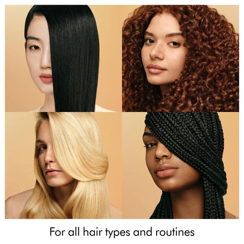 Four women with different hair types showcasing results of Omega Hydrating Hair Oil Lightweight Nourishing Serum For Frizz Control