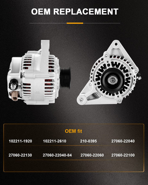 New Alternator Replacement For Pontiac Vibe 2003 2008 1.8L And Toyota Celica MR2 Corolla Matrix 2000 2008 1.8L L4 Engine Ready To Drop In High Output Auto Electrical Generator For Reliable Charging, side and front view, OEM fitment.