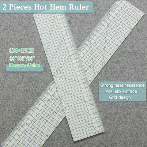 HLZC 2 Piece Hem Ruler Set For Quilting And Pressing Hems Clear Grid Markings Non-Slip Hot Iron Template Tool For Home Sewing Projects 17 And 12 Inch Sizes, showing two thermal rulers with grid markings.
