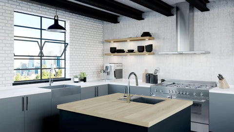 Modern kitchen with Stellen Bar Faucet With Pull Down Sprayer High Arc And Single Handle Polished Chrome Finish on island