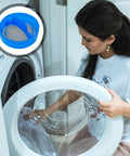 Woman loading washer with Must-Have Pro-Grade Stainless Steel Washer Inlet Valve Filter Screen Kit inset showing filter detail.