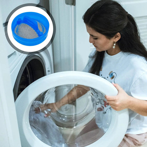 Woman loading washer with Must-Have Pro-Grade Stainless Steel Washer Inlet Valve Filter Screen Kit inset showing filter detail.