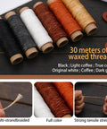 Pro Grade Leather Sewing Kit With Waxed Thread And Hand Sewing Machine Portable Stitching Tool For DIY Leather Repair And Craft With 11 Accessories 3 Needle Sizes 2 Spools And 6 Color Threads showing waxed thread colors