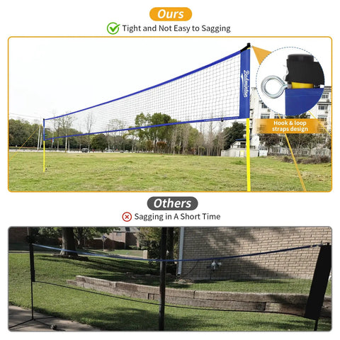 Regulation 20Ft Badminton Net Set For Backyard Portable Outdoor Play, showing stable net setup and durable steel poles.