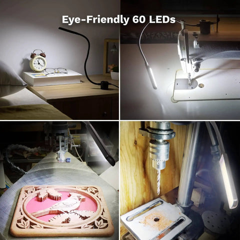 Handy Magnetic Sewing Machine Light With 60 LED COB, Flexible 12 Inch Gooseneck shown on sewing machine, drill, lathe, and desk