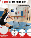 Volleyball player using Volleyball Rebounder Net 7x4ft Two Net System With 5 Angle Adjustable Frame for practice in a gym.