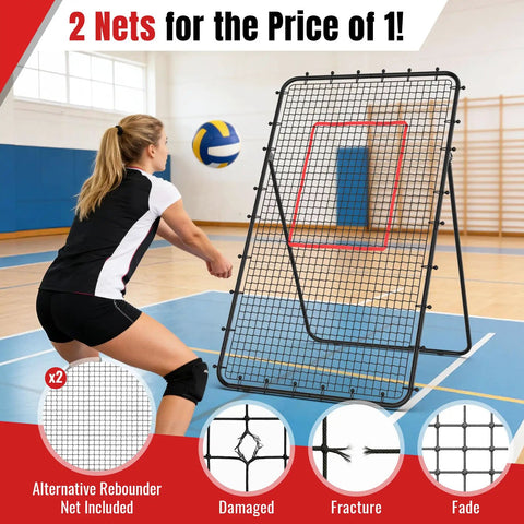 Volleyball player using Volleyball Rebounder Net 7x4ft Two Net System With 5 Angle Adjustable Frame for practice in a gym.