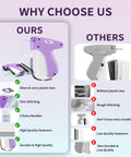 Comparison of handheld stitch gun with purple ergonomic design, safety storage box, extra needles, and fasteners vs other model.
