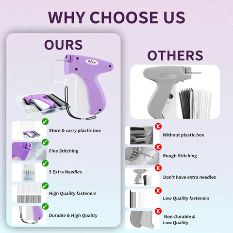Comparison of handheld stitch gun with purple ergonomic design, safety storage box, extra needles, and fasteners vs other model.