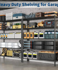 Heavy Gauge Five Tier Carbon Steel Shelving Rack With Reinforced Mesh Panels And Self Leveling Feet, loaded with garage tools and supplies.