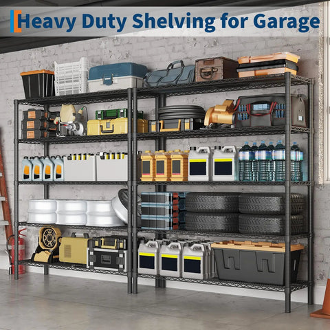 Heavy Gauge Five Tier Carbon Steel Shelving Rack With Reinforced Mesh Panels And Self Leveling Feet, loaded with garage tools and supplies.