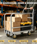 Heavy Duty Steel Platform Hand Truck With 1200 Lbs Capacity Detachable Handle Flatbed Dolly Cart 6 Inch Silent Wheels 2 Swivel 2 Fixed Casters Industrial Warehouse Trolley For Garage Factory And Shop Use 90cm By 60cm loaded with boxes in warehouse