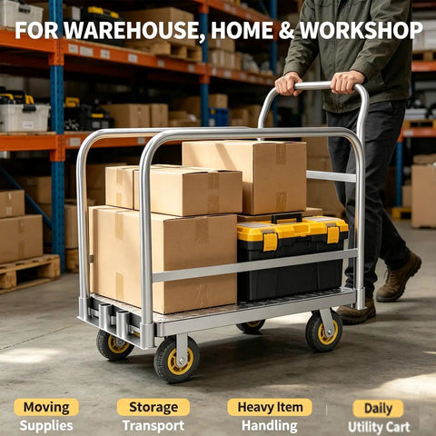 Heavy Duty Steel Platform Hand Truck With 1200 Lbs Capacity Detachable Handle Flatbed Dolly Cart 6 Inch Silent Wheels 2 Swivel 2 Fixed Casters Industrial Warehouse Trolley For Garage Factory And Shop Use 90cm By 60cm loaded with boxes in warehouse