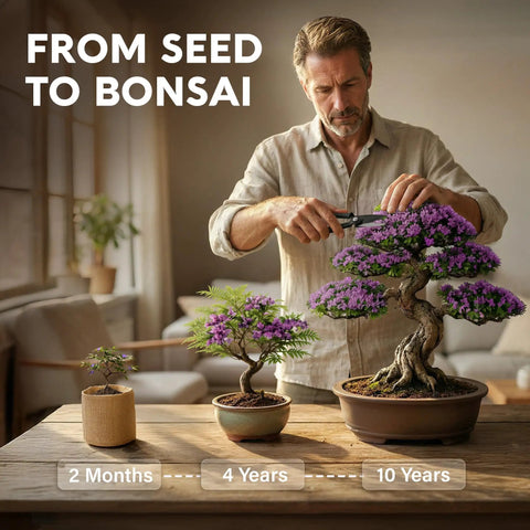 Beginner Bonsai Tree Kit With 5 Unique Japanese Bonsai Trees displayed at different growth stages on a tabletop indoors