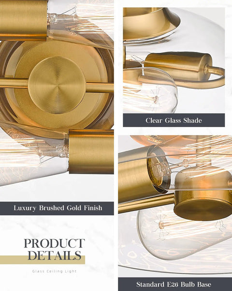 Close-up of Chic Semi-Flush Ceiling Light With Clear Glass Shade And Brushed Gold Finish Two-Light Fixture details