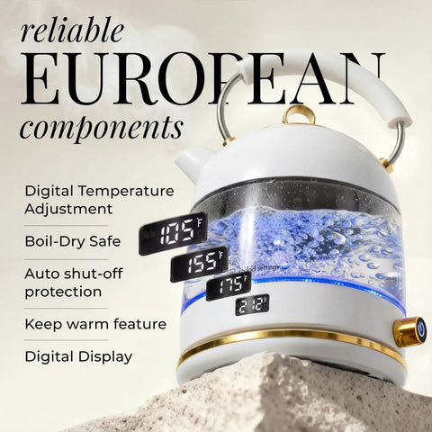 High Temperature Control Electric Kettle With 1500W Rapid Boil And Keep Warm Function Glass Body BPA Free Design White And Gold Finish