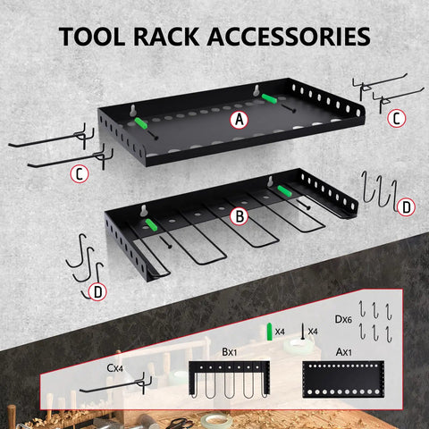 Power Tool Organizer Wall Mount Two Tier Storage Rack for Garage and Home Shop with hooks and holders for tools