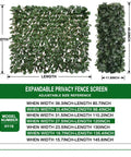 Expandable Faux Ivy Privacy Screen for Balcony and Patio in folded and expanded view with dimensions and model number H116