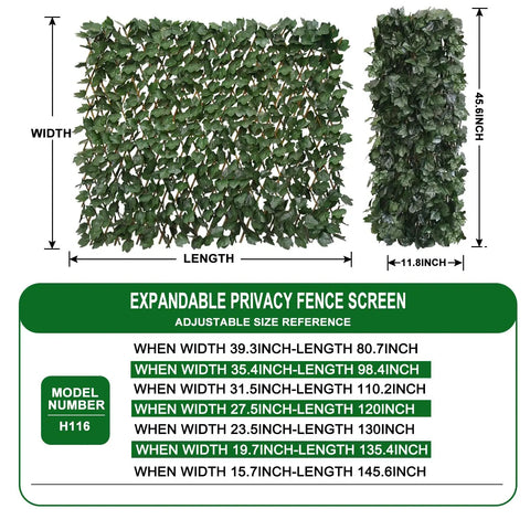 Expandable Faux Ivy Privacy Screen for Balcony and Patio in folded and expanded view with dimensions and model number H116