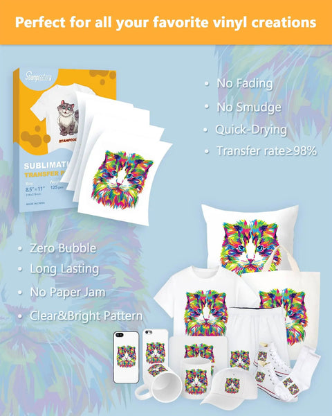 170 Sheets Sublimation Paper 125Gsm 8 By 11 Inch A4 Heat Transfer For Any Inkjet Printer With Sublimation Ink Mug T Shirt Light Fabric DIY featured with printed items like t-shirts and mugs showcasing vibrant cat designs