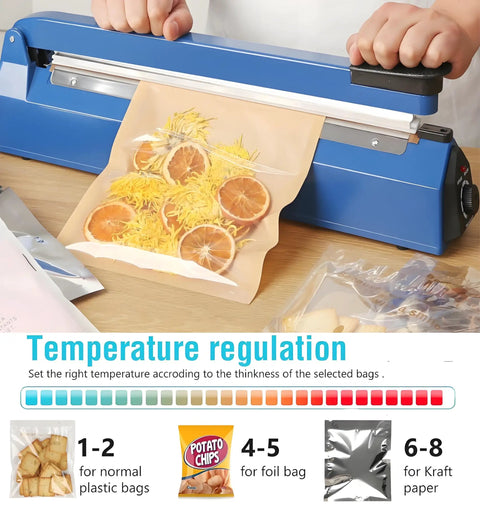 Hands using 16 Inch Manual Heat Sealer With 8 Adjustable Heat Levels for plastic bags with dried oranges inside, blue ABS body.