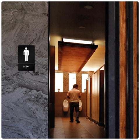 ADA Compliant Braille Restroom Sign For Business With Double Sided 3M Tape ABS Plastic 9 By 6 Inches next to restroom door