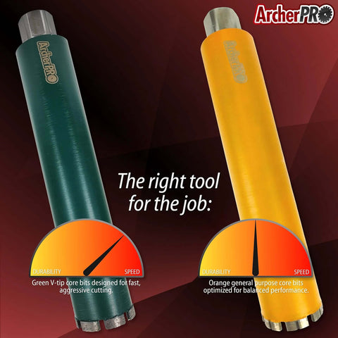 Pair of ArcherPRO 2-1/4-inch diamond turbo core drill bits in green and orange for concrete drilling