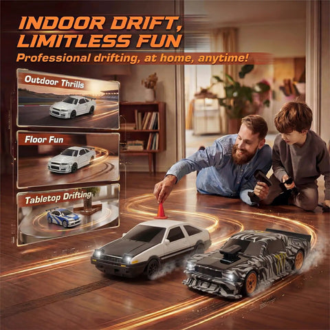 Father and son playing with Mini 1/43 Scale Drift RC Car With Gyro And 2.4GHz Proportional Remote, Indoor Micro Racer.