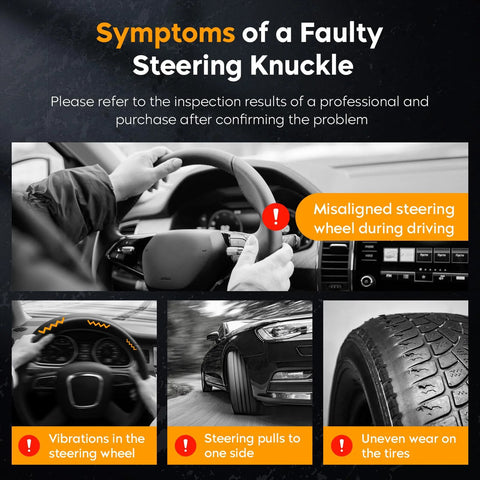 Signs of faulty steering knuckle including misaligned steering wheel, vehicle pulling, vibration, and tire wear.
