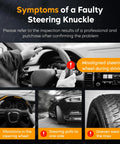 Infographic showing symptoms of a faulty steering knuckle including misaligned steering, steering pulls, vibrations, and tire wear.