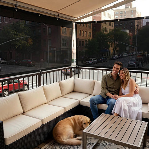 Couple on patio with 50 Percent Shade Cloth 8 Ft By 16 Ft Sun Shade Netting in background, black color, HDPE material installed.
