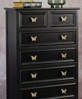 2 Pack Butterfly Cabinet Knobs In Gold Pewter With Delicate Wings And Lifelike Antennae Bringing Whimsical Vibes To Girls Room Dresser Vanity Hardware on a black dresser.