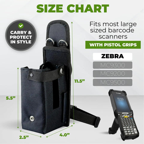 Large Barcode Scanner Holster Made From Ballistic Nylon For Pistol Grip Mobile Computers With Belt Clip Belt Loop And Shoulder Strap Fits Zebra MC9500 9300 9200 9100 And Other Large Scanners For Easy On The Job Access shown with size measurements and compatible Zebra scanner models.