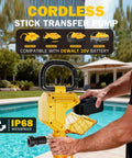 Cordless Water Transfer Pump 720 GPH With Brushless High Speed Motor, 32 Ft Lift, shown by a pool, battery being inserted
