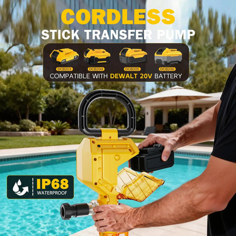 Cordless Water Transfer Pump 720 GPH With Brushless High Speed Motor, 32 Ft Lift, shown by a pool, battery being inserted