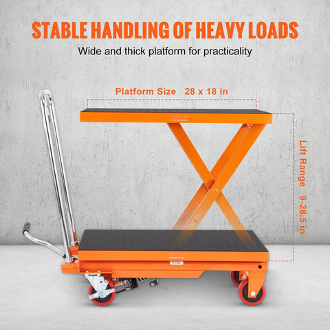 Heavy Duty Hydraulic Lift Table Cart With 500 Pound Capacity And 28.5 Inch Max Rise platform size 28 x 18 inch and lift range 9-28.5 inch.