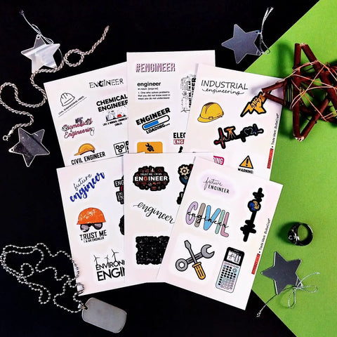 Engineering Stickers Pack For Water Bottles And Laptops Waterproof Vinyl Decals For Engineers displayed on black and green background