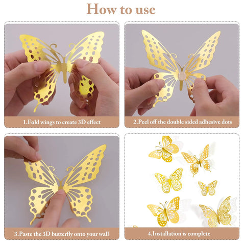 How to use Gold 3D Butterfly Wall Decor Set With 48 Removable Stickers in four steps shown in instructional images.