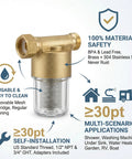 Brass Inline Spin Down Sediment Water Filter For Washer Shower And Well Water Forty Micron Easy Install With Three Quarter Inch GHT And One Half Inch NPT Adapter Three Quarter Inch Garden Hose Connector Lead Free BPA Free Home Upgrade, showing product details and features.