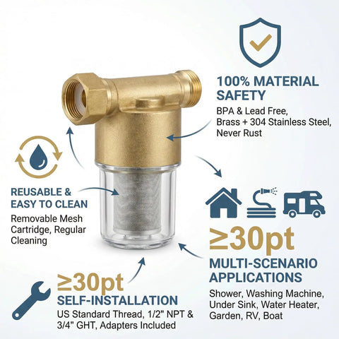 Brass Inline Spin Down Sediment Water Filter For Washer Shower And Well Water Forty Micron Easy Install With Three Quarter Inch GHT And One Half Inch NPT Adapter Three Quarter Inch Garden Hose Connector Lead Free BPA Free Home Upgrade, showing product details and features.