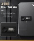 Close-up of the 3-digit resettable code lock on the Heavy Duty Steel Key Wall Cabinet With Twenty Spaced Out Hooks And Three Digit Combo Lock Keep Your Spare Keys Safe And Sound For Home Office Or Rental Property Indoors Black.