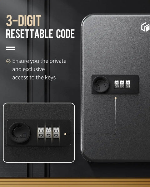 Close-up of the 3-digit resettable code lock on the Heavy Duty Steel Key Wall Cabinet With Twenty Spaced Out Hooks And Three Digit Combo Lock Keep Your Spare Keys Safe And Sound For Home Office Or Rental Property Indoors Black.