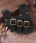 Medieval Viking Sword Frog Holster With Adjustable Belt Straps, Vintage Black Faux Leather Swords Belt Holder on wooden table