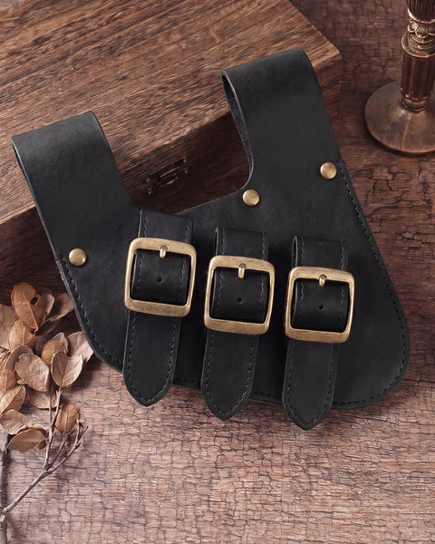 Medieval Viking Sword Frog Holster With Adjustable Belt Straps, Vintage Black Faux Leather Swords Belt Holder on wooden table