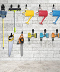 Heavy Duty Garage Hooks Six Pack Two Point Eight Inch U Shaped Wall Mounted Hanger For Ladders And Hose Tools And Bulk Items Organize Your Garage With A Durable Power And Garden Tool Storage System holding various tools on a wall.
