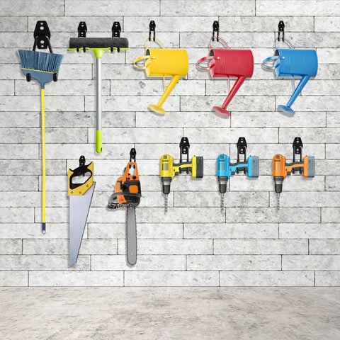 Six Pack Heavy Duty Garage Hooks 2.8 Inch U Shaped Wall Mounted Hanger For Ladders Hose Tools And Bulk Items Organization Steel With Non Slip Rubber Coating displaying assorted tools on brick wall